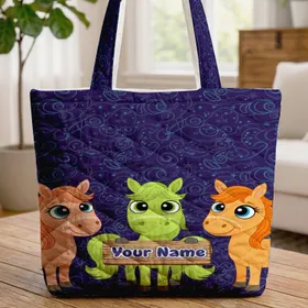 Cartoon Horses Wooden Name Sign Swirling Lines - Horse Lover Everyday Carry Gift Quilted Tote Bag