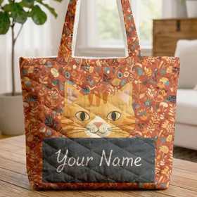 Cat Face Botanical Floral Your Name Slate - Everyday Cat Lover Gift Quilted Tote Bag