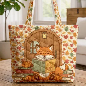 Spectacled Fox Bookstore Books Pumpkins - Autumn Reading Nook Gift for Book Lover Quilted Tote Bag
