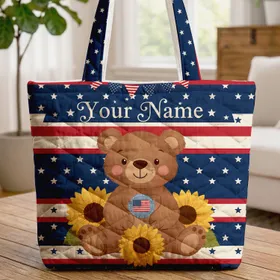 Brown Bear Sunflower American Flag - Independence Day Patriotic Lover Gift Quilted Tote Bag