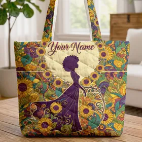 African Woman Silhouette Sunflowers Nouveau Floral - Everyday Carry Home Decor Quilted Tote Bag