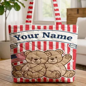 Adorable Patriotic Nuzzling Bears American Flag Independence Day Gift Quilted Tote Bag