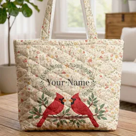 Red Cardinals Tree Branch Botanical - Everyday Nature Lover Gift for Birdwatchers Quilted Tote Bag