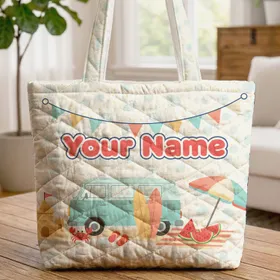 Seashell Stars Camper Van Surfboard Sandcastle - Summer Vacation Beach Day Gift Quilted Tote Bag