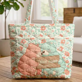Bears Nuzzling Wooden Sign Floral Vines - Everyday Carry Lifestyle Gift Quilted Tote Bag