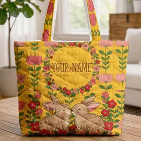 Bunnies Lotus Flowers Floral Wreath - Everyday Essentials - Bunny Lover Gift Quilted Tote Bag