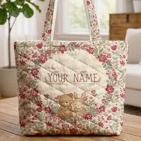 Bear Cub Bunny Wildflower Folk Art Floral Sprigs - Everyday Tote Quilted Tote Bag