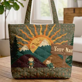 Mountain Sunset Pine Trees Western Wood Sign - Everyday Travel Adventure Gift Quilted Tote Bag