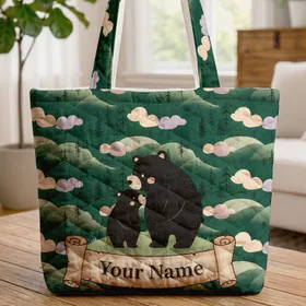 Black Bears Rolling Hills Personalized Name Scroll Wildlife Lover Gift for Bear Lovers Quilted Tote Bag