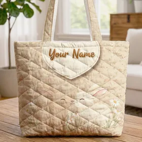 Nuzzling Bunnies Wildflower Heart Personalized Everyday Gift for Bunny Lovers Quilted Tote Bag