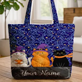 Three Halloween Cats Night Sky Personalized Name - Spooky Season Gift for Cat Lover Quilted Tote Bag