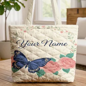 Blue Butterfly Pink Roses Floral Leaf Garland - Botanical Decor Gift for Gardener Quilted Tote Bag