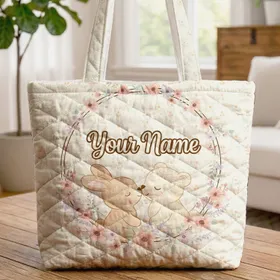 Nuzzling Bunny Bear Wildflowers Floral Wreath Name Daisies - Everyday Lifestyle Tote Quilted Tote Bag
