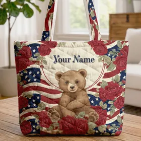 Brown Bear Cub Patriotic Floral American Flag - Independence Day Home Decor Gift Quilted Tote Bag
