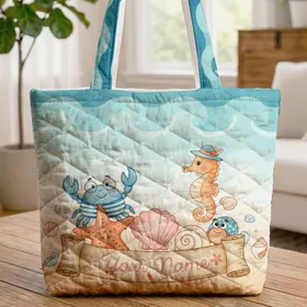 Personalized Your Name Starfish Scallop Conch Shells - Beach Lover Gift Quilted Tote Bag
