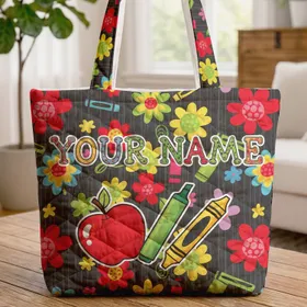 Your Name Apple Marker Crayon Flowers - Everyday Student Gift Quilted Tote Bag