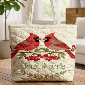Cardinal Birds Branch Berries Your Name Vine Leaf Garland Wildlife Lover Gift Quilted Tote Bag
