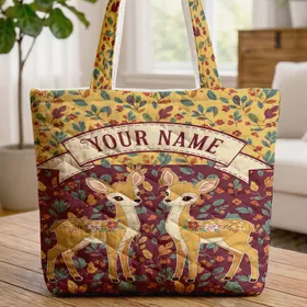 Standing Fawns Floral Leaves Blossoms - Wildlife Lover Everyday Tote Quilted Tote Bag