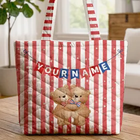 Two Bears Hugging Red Blue Bow Tie Bunting Flags - Wildlife Lover Gift Quilted Tote Bag