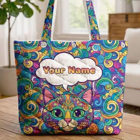 Rainbow Swirl Cat Face Green Eyes Pink Nose Speech Bubble - Everyday Cat Lover Gift Quilted Tote Bag