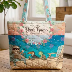 Adirondack Chairs Sandy Beach Hibiscus Tropical Floral Wreath - Beach Vacation Gift Quilted Tote Bag