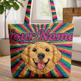Golden Retriever Your Name Radial Stripes - Dog Lover Gift Quilted Tote Bag
