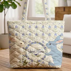 Bunnies Bluebonnet Floral Wreath Personal Name - Countryside Wildlife Lover Gift for Her Quilted Tote Bag