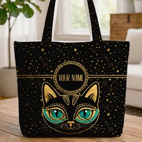 Majestic Cat Face Gold Stars Ornate Medallion Name - Cat Lover Gift Quilted Tote Bag