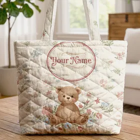Bear Cross-Stitch Floral Sprigs Everyday Gift Quilted Tote Bag