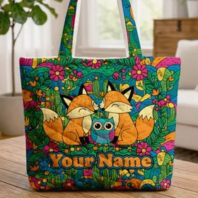 Desert Foxes Owl Cacti Undulating Waves Landscape - Wildlife Lover Everyday Travel Gift for Friends Quilted Tote Bag