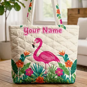 Flamingo Tropical Foliage Botanical Vines - Tropical Lover Gift for Flamingo Lover Quilted Tote Bag