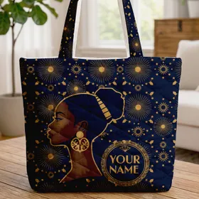 African Woman Profile Golden Tribal Earring Sunburst - Afrocentric Personalized Gift Quilted Tote Bag