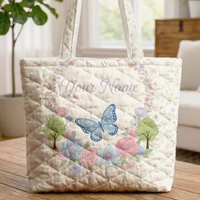 Blue Butterfly Personalized Floral Wreath Pastel Flowers Blossoms - Everyday Lifestyle Gift Quilted Tote Bag