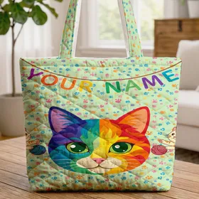 Rainbow Cat Face Three Cats Paw Prints Your Name Bunting - Cat Lover Gift Everyday Tote Quilted Tote Bag
