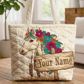 Ornate Horse Head Feather Floral Personalized Name - Boho Lifestyle Gift for Horse Lover Quilted Tote Bag