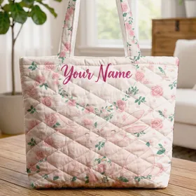 Bunnies Nuzzling Wild Roses Floral Wreath - Everyday Tote for Bunny Lovers Quilted Tote Bag