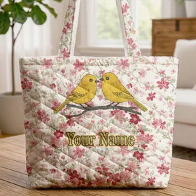 Two Yellow Birds Perched Branches Pink Red Blossoms Floral Wreath - Everyday Carry Gift Quilted Tote Bag