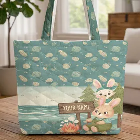 Bunnies Campfire Beach Scene Personalized Name - Summer Camping Adventure Travel Gift Quilted Tote Bag