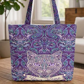 Ornate Cat Face Swirling Floral Abstract - Cat Lover Everyday Use Gift Quilted Tote Bag