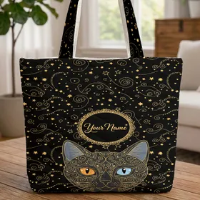 Cat Gold Stars Celestial Personalized Medallion - Cat Lover Everyday Tote Gift Quilted Tote Bag