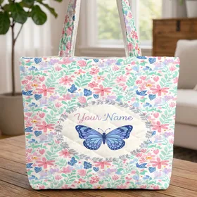 Heart Accents Butterfly Botanical Flowers Leaves Leaf Garland - Everyday Tote Nature Gift Quilted Tote Bag