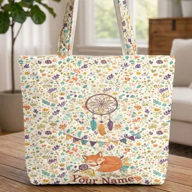 Dreamcatcher Hanging Feathers Personalized Bunting Floral - Boho Lifestyle Gift Quilted Tote Bag