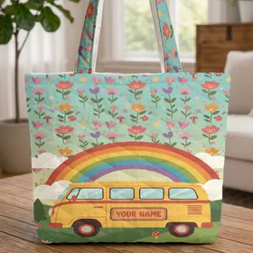 Hippie Van Wildflowers Rainbow Scene - Travel Essentials Adventure Seeker Gift for Travelers Quilted Tote Bag
