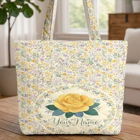 Yellow Rose Green Leaves Floral Wreath Your Name - Botanical Garden Everyday Carry Gift Quilted Tote Bag