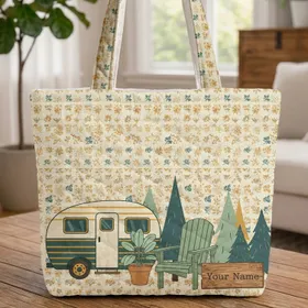 Personalized Vintage Camping Scene Retro Camper Pine Trees - Travel Adventure Gift Quilted Tote Bag