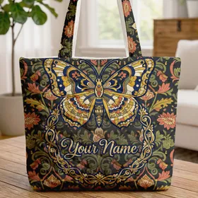 Ornate Butterfly Floral Wreath Botanical Leaves - Personalized Gift for Nature Lover Quilted Tote Bag
