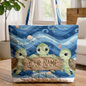 Baby Sea Turtles Ocean Waves Seashells Starfish - Ocean Lover Gift for Kids Quilted Tote Bag