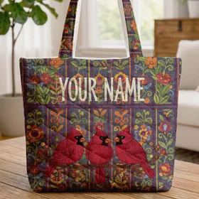 Cardinal Birds Floral Garden Folk - Wildlife Lover Everyday Gift Quilted Tote Bag