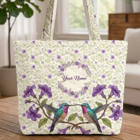 Hummingbirds Your Name Wreath Petunia Bell Flowers - Nature Lover Gift Quilted Tote Bag
