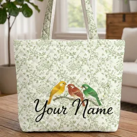 Chinoiserie Birds White Blossoms Personalized Name - Wildlife Lover Gift Quilted Tote Bag